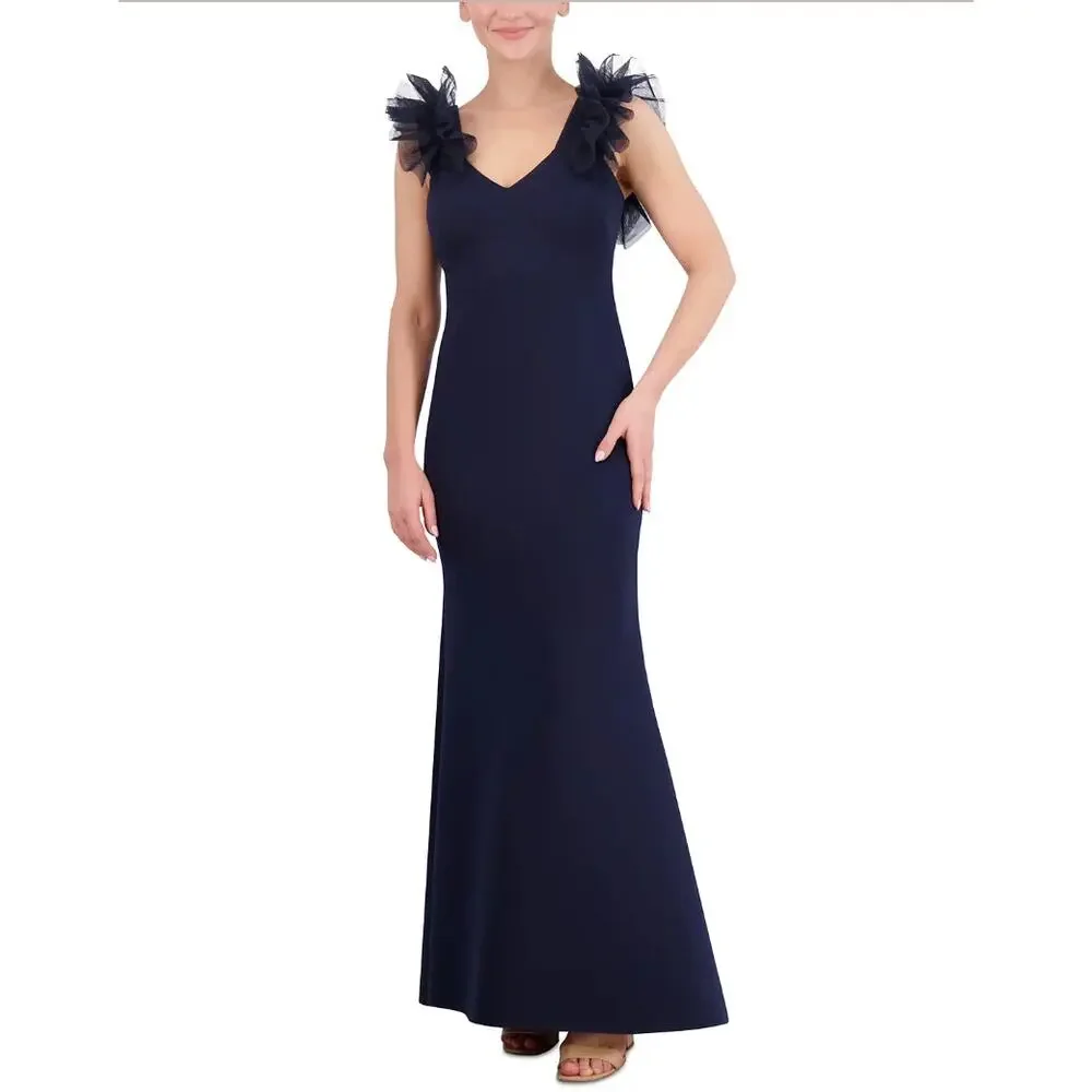 Eliza J Ruffle-Shoulder Scuba Gown Evening Dress, Plus 18W, Navy Blue New $188 - Picture 7 of 8
